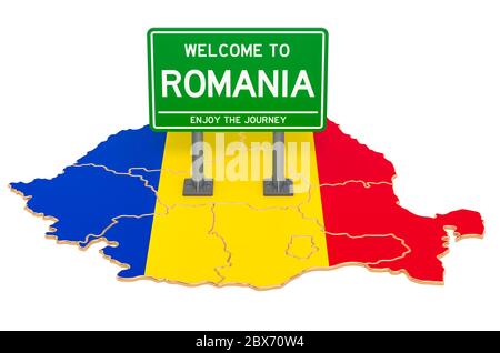 Billboard Benvenuti in Romania su mappa rumena, rendering 3D isolato su sfondo bianco Foto Stock