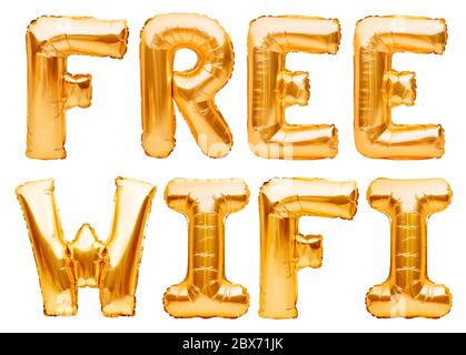 Words FREE WIFI fatto di palloncini gonfiabili dorati isolati su sfondo bianco. Palloncini di elio oro foglio formare messaggio gratuito wi-fi. Internet Foto Stock