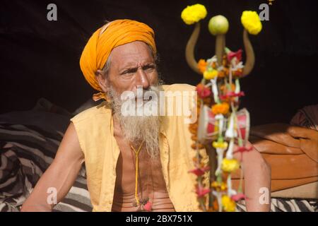 ritratto di un sadhu al campo di transito gangasagar kolkata bengala occidentale india Foto Stock