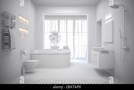 Interni bianchi del moderno bagno in rendering 3D Foto Stock