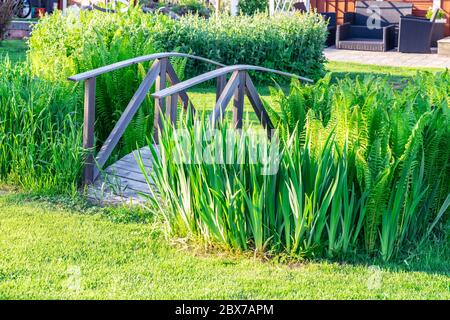 Ponte decorativo in legno vecchio con rotaie in piedi nel mezzo di erba verde alta su prato rifilato, Vasterbotten, Svezia del Nord, Umea Foto Stock