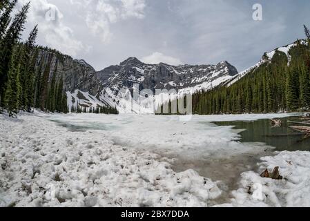 Rawson Lake, Alberta, Canada all'inizio di giugno. Parco provinciale di Peter Lougheed. Monte Sarrail sullo sfondo. Presa con obiettivo fisheye. Foto Stock