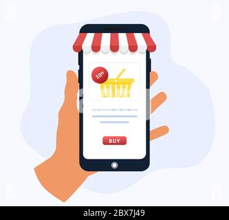 Shopping online. Il catalogo dei prodotti sulla pagina del browser Web. Carrello. Moderna illustrazione vettoriale in stile piatto. Illustrazione Vettoriale