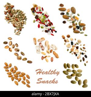 Raccolta sana di snacking isolato su bianco. Include semi, noci, mix di sentieri, patatine fritte dolci, patatine fritte vegetali e bastoncini di carote. Foto Stock