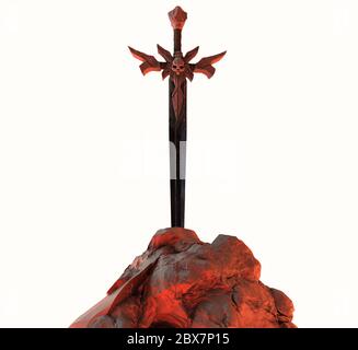 Illustrazione di una spada demone in acciaio con teschio in pietra con punti di fuoco rossi isolati su sfondo bianco. Foto Stock