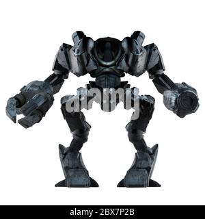 Robot fantascientifico futuristico in acciaio grigio con braccio di presa e pistola isolati su sfondo bianco vista frontale. Foto Stock
