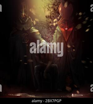 Uomo posseduto seduto su una sedia con alto cremisi e demoni dorati dietro di lui illustrazione. Foto Stock