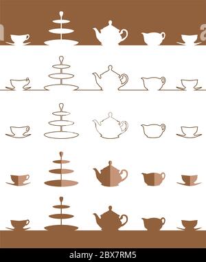 Set di icone semplici piatti per il tè e la tazza. Set di illustrazioni vettoriali. Una silhouette di una teiera, una caraffa per il latte, tazze, piattini e un supporto per torte a 3 piani. Isolato Illustrazione Vettoriale