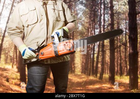 Foto di un lavoratore in posizione di standing con motosega su sfondo foresta di luce diurna. Foto Stock