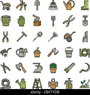 Set di icone degli strumenti di giardinaggio. Insieme di contorno di strumenti di giardinaggio icone vettoriali per il web design isolato su sfondo bianco Illustrazione Vettoriale