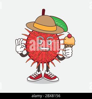 Un'illustrazione del carattere mascotte di cartone animato di frutta di Rambutan che tiene il gelato Illustrazione Vettoriale