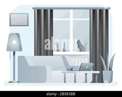 Interno di un moderno soggiorno. Divano, impianto, scrivania con computer portatile, lampada. Cat seduto sulla finestra con tende. Decorazioni in stile domestico in tonalità di grigio. Vettore di stile piatto Illustrazione Vettoriale