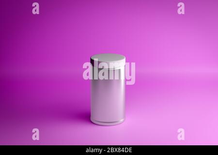 Primo piano immagine al neon 3d. Vaso in vetro con tappo a vite su fondo rosa. Rendering minimalista con cilindro grigio Foto Stock