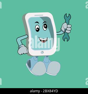 Un servizio di riparazione di telefono cellulare o forse idraulico o mascotte di tenuta di cartoon app meccanico chiave. Disegno di illustrazione vettoriale Foto Stock