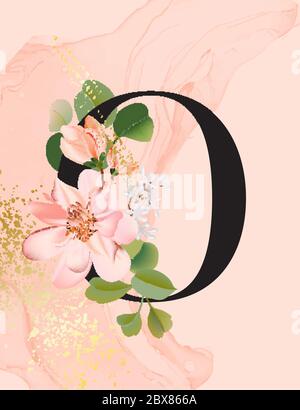 Peony .fiori foglie d'acquerello modello scheda di nozze, doccia nuziale tenero illustrazione con flusso d'inchiostro mabile e oro brillantato, carta vettoriale. Così Illustrazione Vettoriale