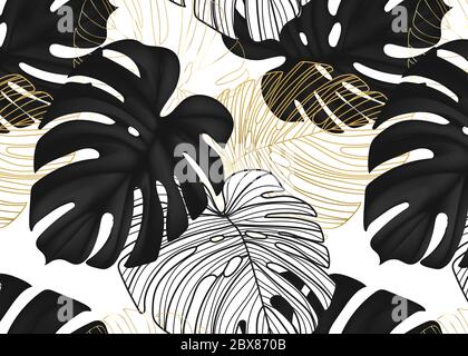 Foglie nere di Monstera, arte linea oro, natura botanica foglia sfondo decorativo scuro. Moderno fogliame selvatico decorazione modello in vettore. Illustrazione Vettoriale