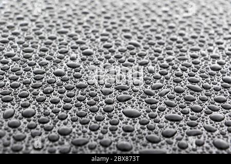 Primo piano di migliaia di gocce d'acqua con perline sul veicolo Foto Stock