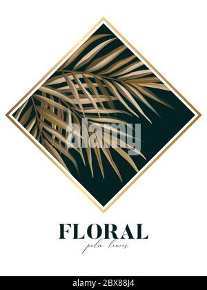 Beige palma realistica contrasto floreale foglia di banana, grafica foresta selvaggia su sfondo scuro. Poster esotico. Pubblicità paradiso spiaggia . Schizzo vettoriale in Illustrazione Vettoriale
