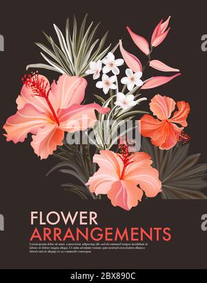 Poster Hibiscus fiore vacanza. Natura botanica realistica arte paradiso esotico arrangiamento fiorito, motivi floreali, concetti di palma e fiori, vettore. Illustrazione Vettoriale