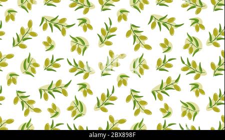 Motivo senza cuciture olive. Vettore di olive decorative ramo. Rami con olive verdi su sfondo bianco. Per etichette, confezioni o tessuti. Illustrazione Vettoriale