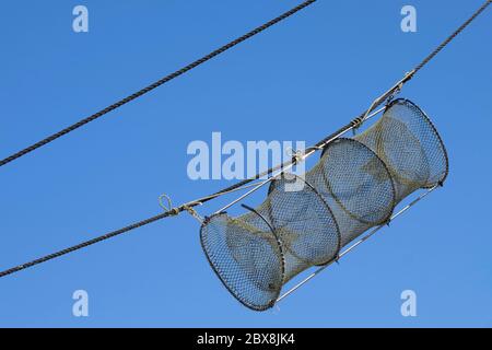 Rete da pesca - attrezzatura di un pescatore appeso ai cavi di una barca da pesca. Foto Stock