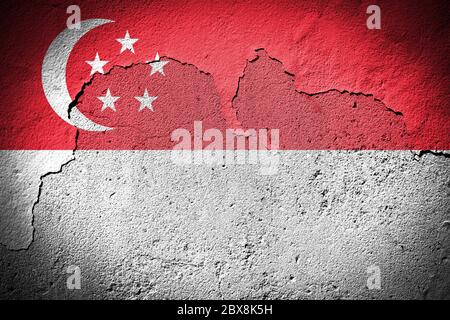 Bandiera di Singapore dipinta su parete grungo incrinata Foto Stock