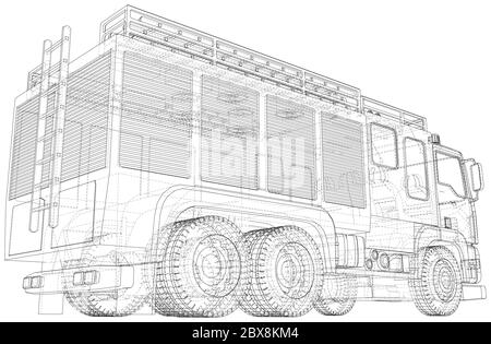 Camion antincendio. Illustrazione del vettore del motore antincendio. Linea filo-telaio isolata. Rendering vettoriale di 3d. Illustrazione Vettoriale