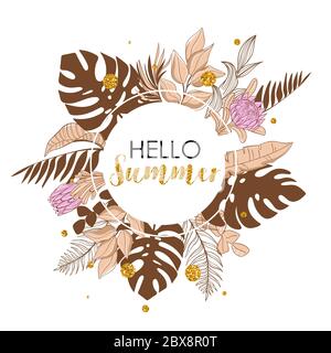 Ciao estate, banner trendy con foglie tropicali. Illustrazione vettoriale in colori beige Illustrazione Vettoriale