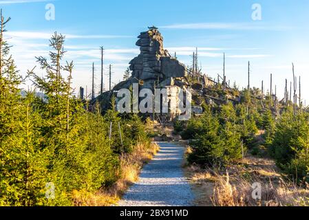 Formazione di granito eroso sulla cima di Tristolicnik, Dreisesselberg. Parco Nazionale di Sumava e Foresta Bavarese, repubblica Ceca e Germania. Foto Stock