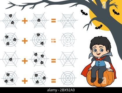 Gioco di conteggio per i bambini di Preschool. Personaggi di Halloween, vampiro. Educare un gioco matematico. Illustrazione Vettoriale