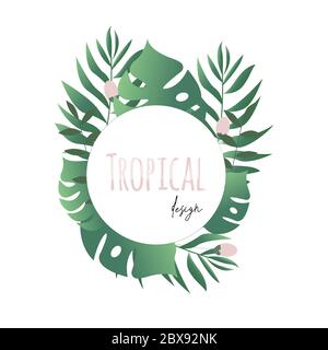 Vendita estiva cornice banner tropicale rotonda con foglie di monstera. Invito cornice di nozze con esotica foglia di palma modello. Illustrazione vettoriale isolata. Illustrazione Vettoriale