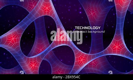 Background tecnologico astratto con celle collegate e nuclei alleggeriti. Concetto di frontiera biotecnologica e scientifica Illustrazione Vettoriale