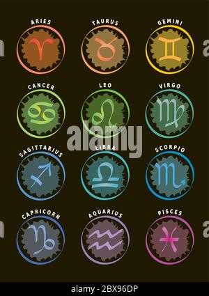 Segni zodiacali, dodici icone astrologiche con nomi in inglese, sfondo nero Illustrazione Vettoriale