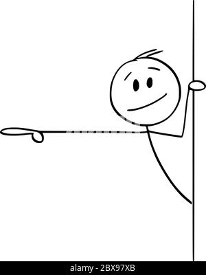 Grafico vettoriale del cartoon disegno illustrazione concettuale di uomo o uomo d'affari che si sbirciano fuori da dietro il muro e che mostrano o puntano il dito verso qualcosa. Illustrazione Vettoriale