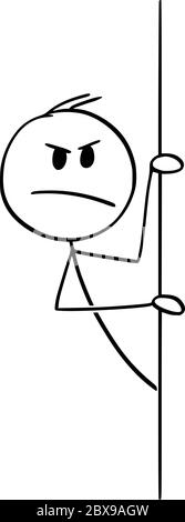 Figura del cartone vettoriale disegno illustrazione concettuale di uomo o uomo d'affari insidioso, pericoloso o arrabbiato che sbirciano fuori da dietro il muro. Illustrazione Vettoriale