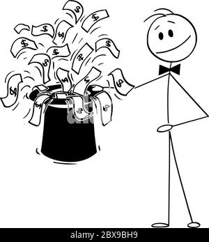 Vettore cartoon figura disegno disegno illustrazione concettuale di uomo d'affari mago con cappello nero facendo magia finanziaria con le fatture di soldi del dollaro provenienti dal cappello. Illustrazione Vettoriale