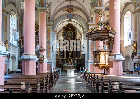 Innenraum der barocken Karmeliterkirche St. Josef Beilstein, Rheinland-Pfalz, Deutschland | Barocco Chiesa di San Giuseppe interno, Beilst Foto Stock
