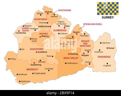 mappa amministrativa vettoriale della contea inglese surrey con bandiera Illustrazione Vettoriale