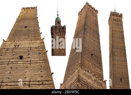 Torre degli Asinelli. Una delle due torri (due Torri 1109-1119, 97.20 metri di altezza) simbolo della città di Bologna, isolata su sfondo bianco. Foto Stock
