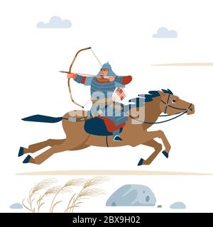 Guerriero dell'Asia centrale con arco, cavallo da equitazione, vettore isolato illustrazione piatta. Illustrazione Vettoriale