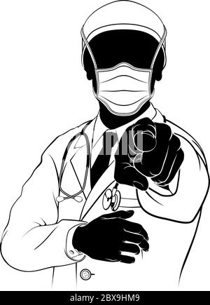 Medico in maschera PPE che punta ha bisogno di Silhouette Illustrazione Vettoriale