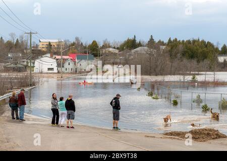 Saint John, New Brunswick, Canada - 2 maggio 2018: Le persone si levano in piedi da una strada allagata come i cani giocano in acqua. Un kayak è nel mezzo della strada. Foto Stock