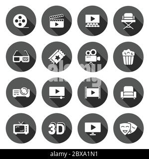 Icona della linea cinematografica in stile piatto. Intrattenimento Imposta l'illustrazione vettoriale su sfondo nero rotondo con effetto di ombra lungo. Bus del pulsante circolare del supporto video Illustrazione Vettoriale