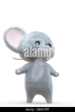 mini cartoon mouse in sfondo bianco guardando in alto, illustrazione 3d Foto Stock