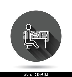 Persone con icona computer portatile in stile piatto. Immagine vettoriale dell'utente del PC su sfondo nero rotondo con effetto di ombra lungo. Cerchio di Office manager b Illustrazione Vettoriale