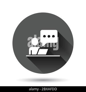 Persone con icona computer portatile in stile piatto. Immagine vettoriale dell'utente del PC su sfondo nero rotondo con effetto di ombra lungo. Cerchio di Office manager b Illustrazione Vettoriale