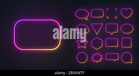 Set di cornici al neon giallo viola con luce soffusa su sfondo trasparente. Bolla vocale, quadrato, cerchio, stella, triangolo, cuore, esagono AN Illustrazione Vettoriale