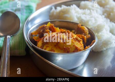 Vista del pasto al curry con riso bianco sullo sfondo. Masala all'uovo con riso. Sugo di uova piccante. Foto Stock