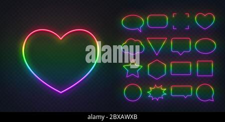 Cornici al neon dipinte nei colori della comunità LGBT. Cerchio, quadrato, bolla vocale, stella, triangolo, cuore, esagono e altre forme al neon su un buio Illustrazione Vettoriale