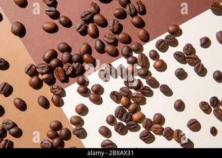 Chicchi di caffè visti dall'alto su uno sfondo di colori diversi Foto Stock